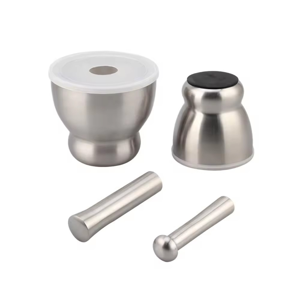 Stainless Steel Mortar and Pestle Set, Spices Grinder Pill Crusher with Silicone Protective Lid