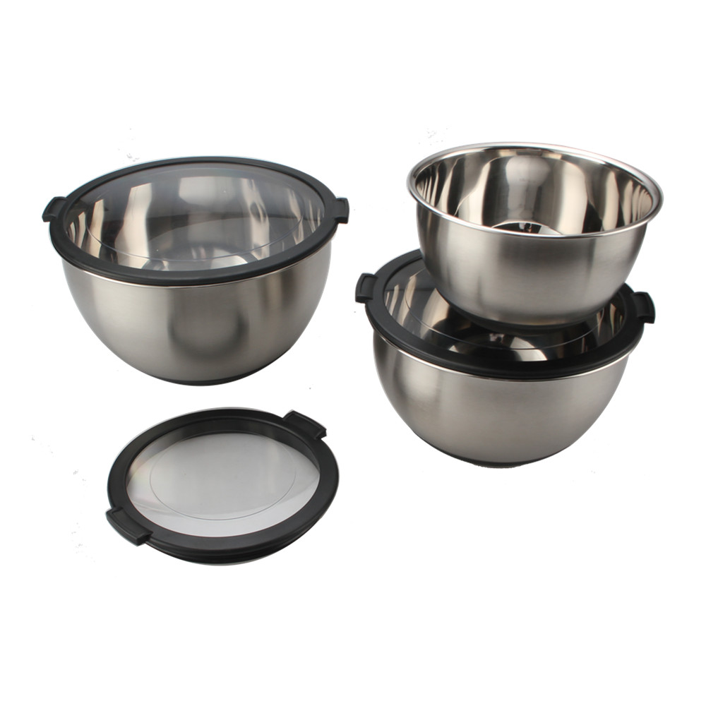 3size Stainless Steel Mixing Bowls With Clear Lids Set