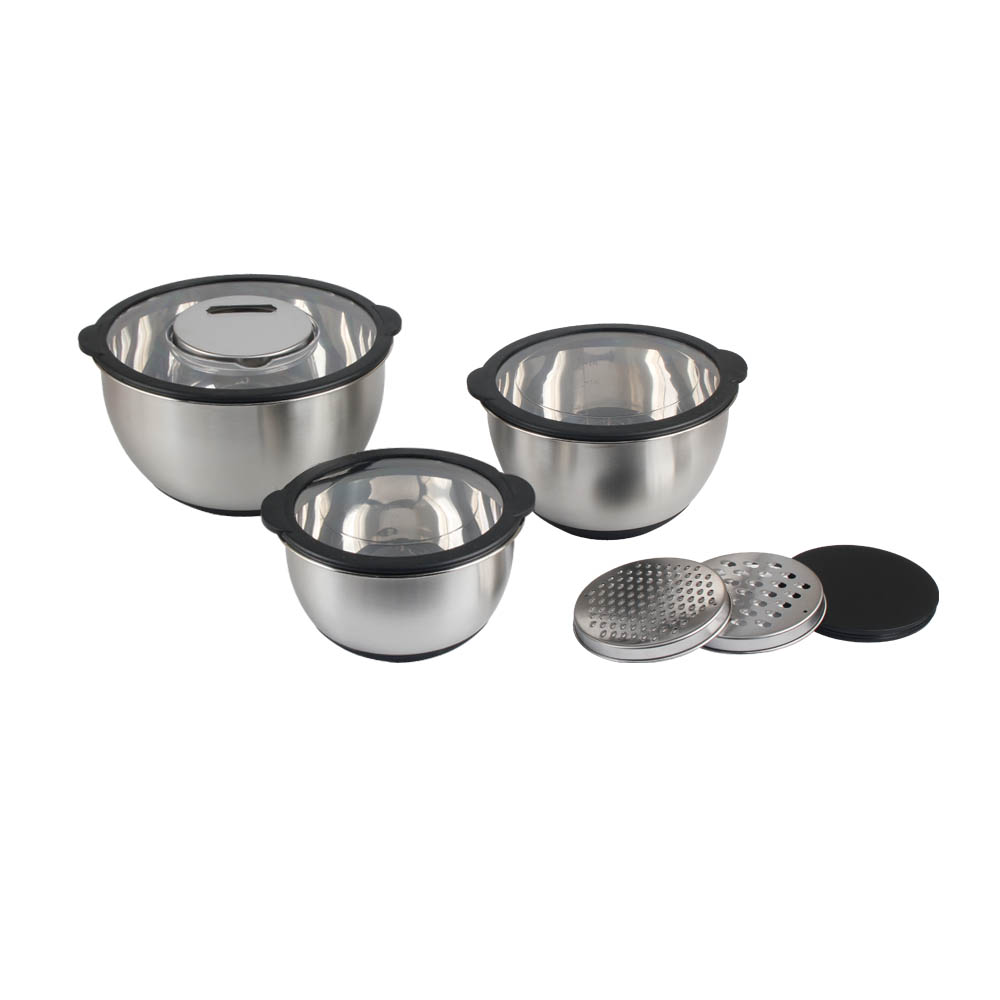 3 Size Stainless Steel Mixing Bowls With Clear Lids & 3pcs Grater Set