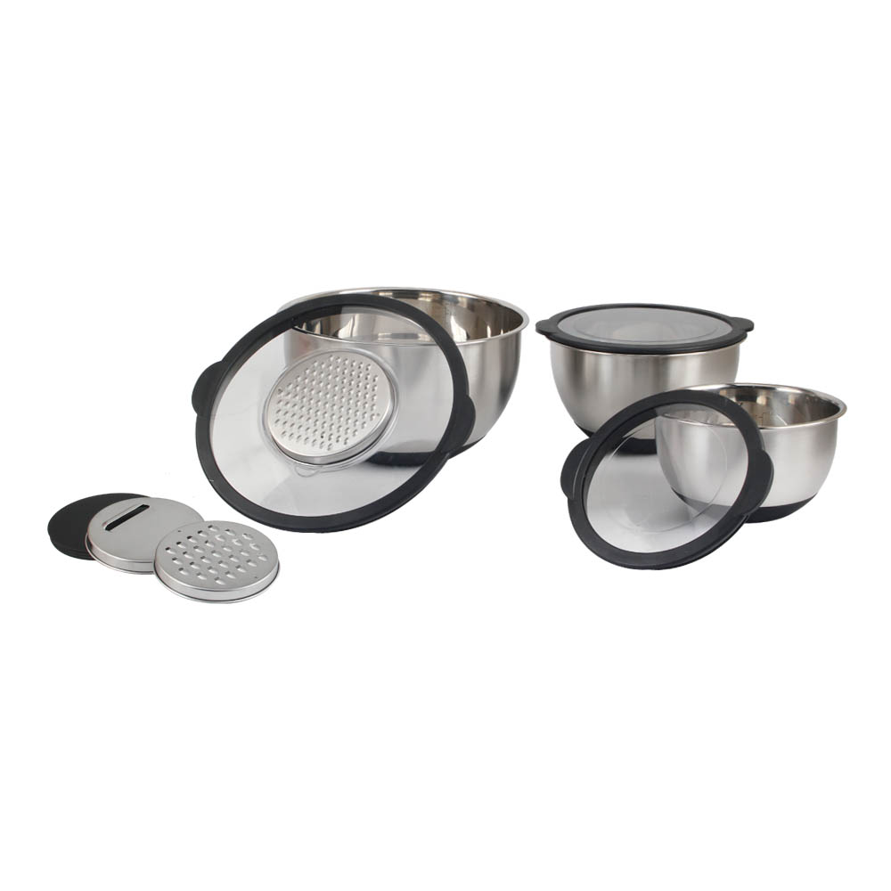 3 Size Stainless Steel Mixing Bowls With Clear Lids & 3pcs Grater Set