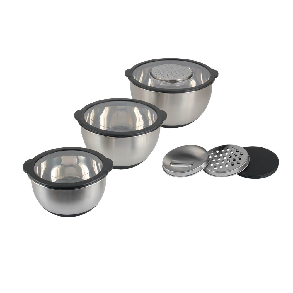 3 Size Stainless Steel Mixing Bowls With Clear Lids & 3pcs Grater Set