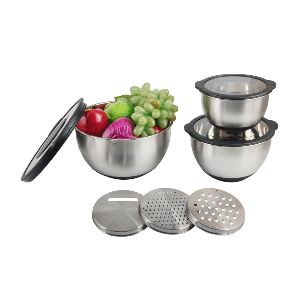 3 Size Stainless Steel Mixing Bowls With Clear Lids & 3pcs Grater Set