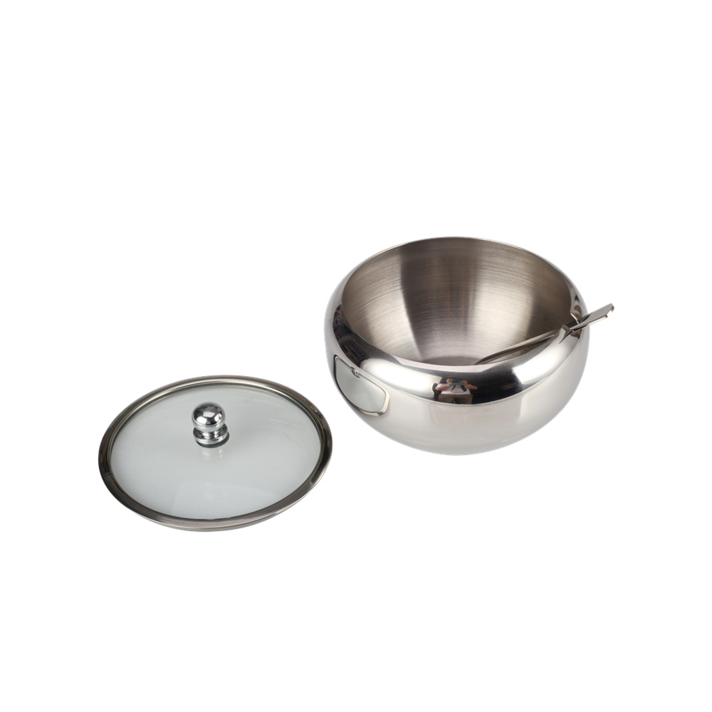 Stainless Steel Sugar Bowl, Sugar Container With Transparent Glass Lid And Spoon