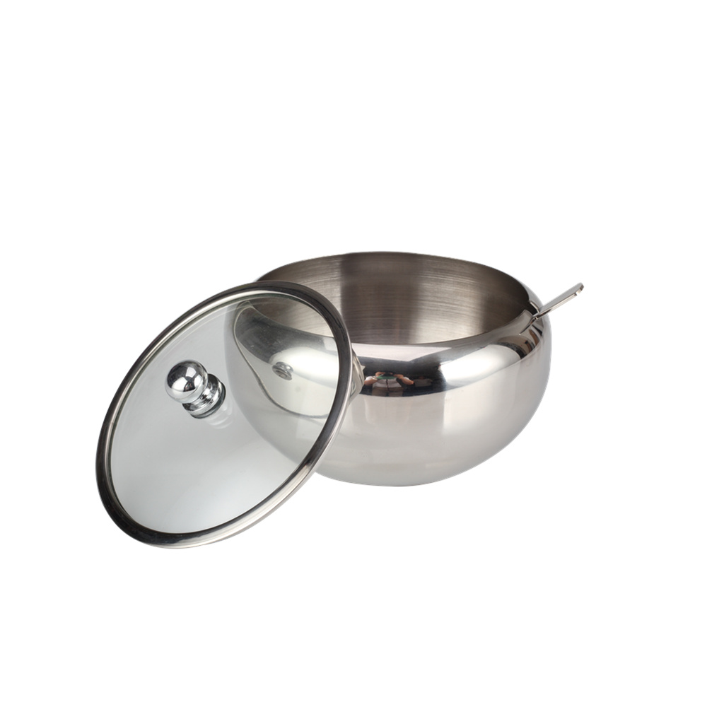 Stainless Steel Sugar Bowl, Sugar Container With Transparent Glass Lid And Spoon