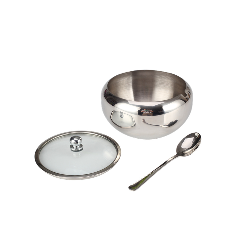 Stainless Steel Sugar Bowl, Sugar Container With Transparent Glass Lid And Spoon