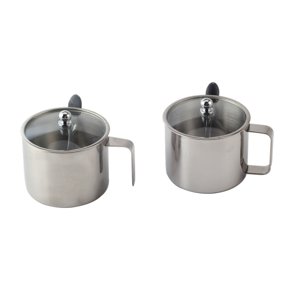 Stainless Steel Sugar Bowl Spice Pot Glass With Lid Spoon Kitchen Home