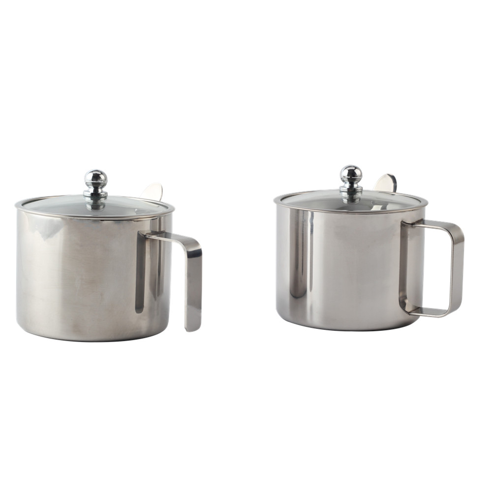 Stainless Steel Sugar Bowl Spice Pot Glass With Lid Spoon Kitchen Home