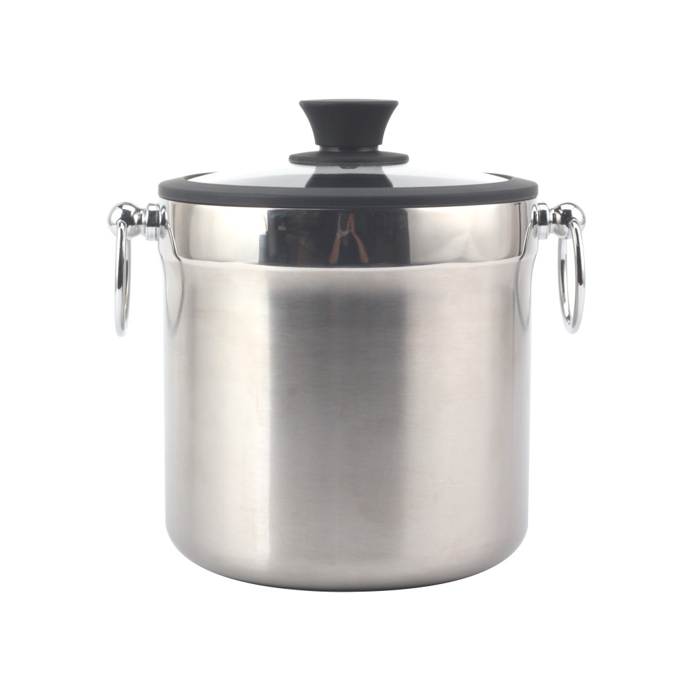 Ice Bucket 3.0l Stainless Steel Double Wall Insulating, Ice Bucket With Tempered Glass Lid