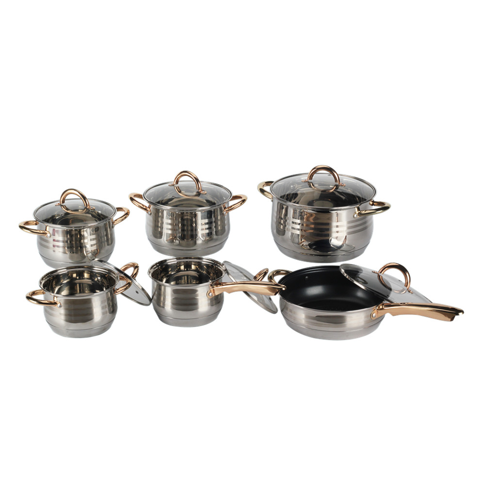 12pcs Stainless Steel Cookware Set Golden Handle