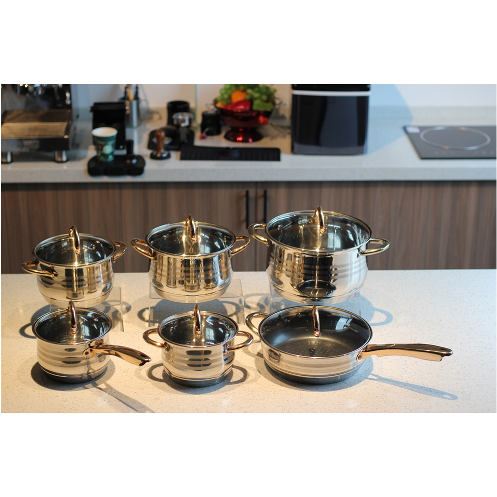 12pcs Stainless Steel Cookware Set Golden Handle