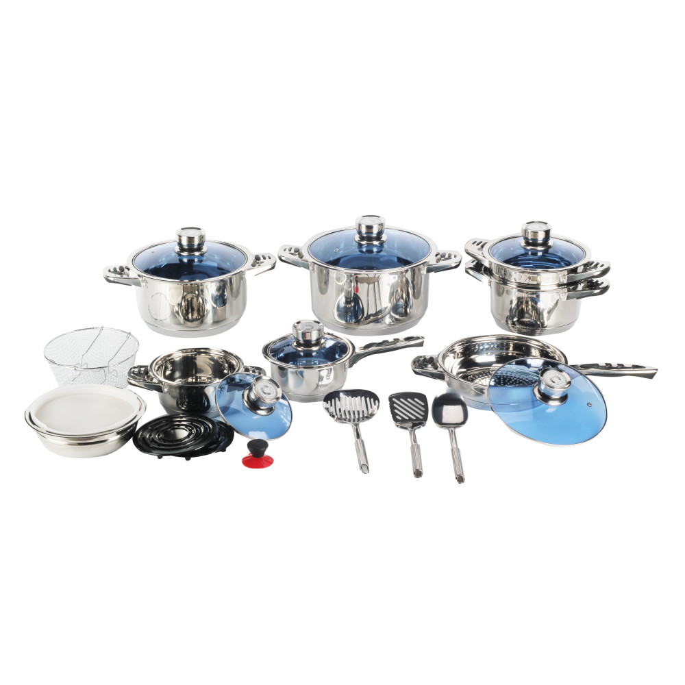 Stainless Steel Cookware Set With Blue Glass Lid