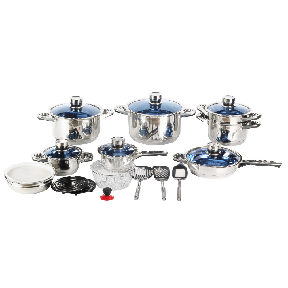 Stainless Steel Cookware Set With Blue Glass Lid