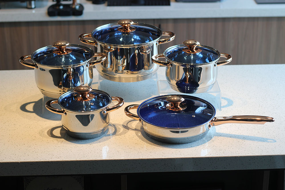 10pcs Stainless Steel Cookware Set With Blue Glass Lid