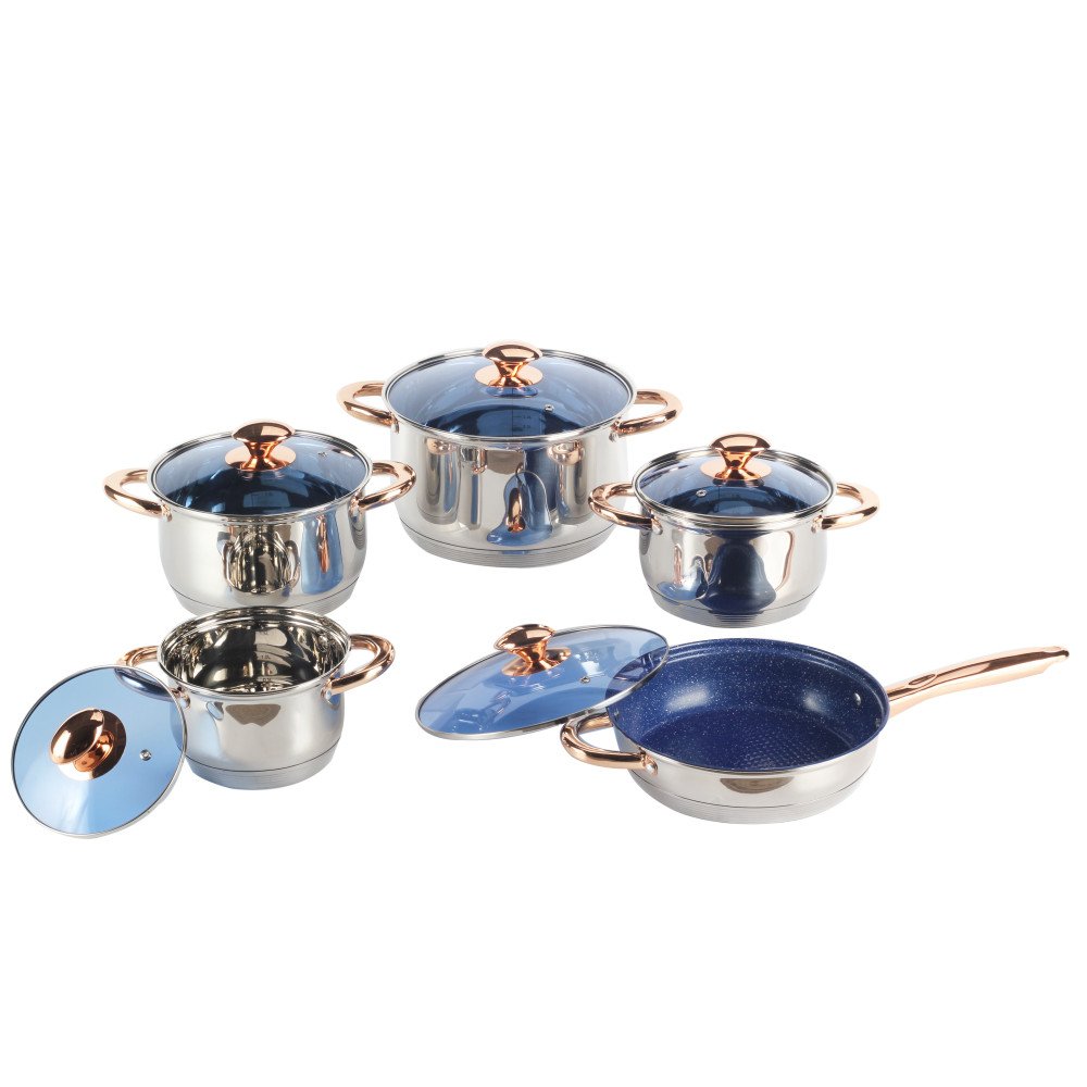 10pcs Stainless Steel Cookware Set With Blue Glass Lid