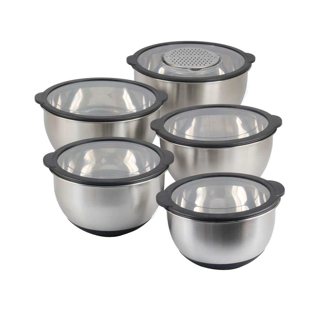 5size S/S Mixing Bowls With Transparent Lids Set & Grater