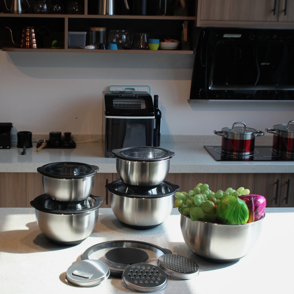 5size S/S Mixing Bowls With Transparent Lids Set & Grater