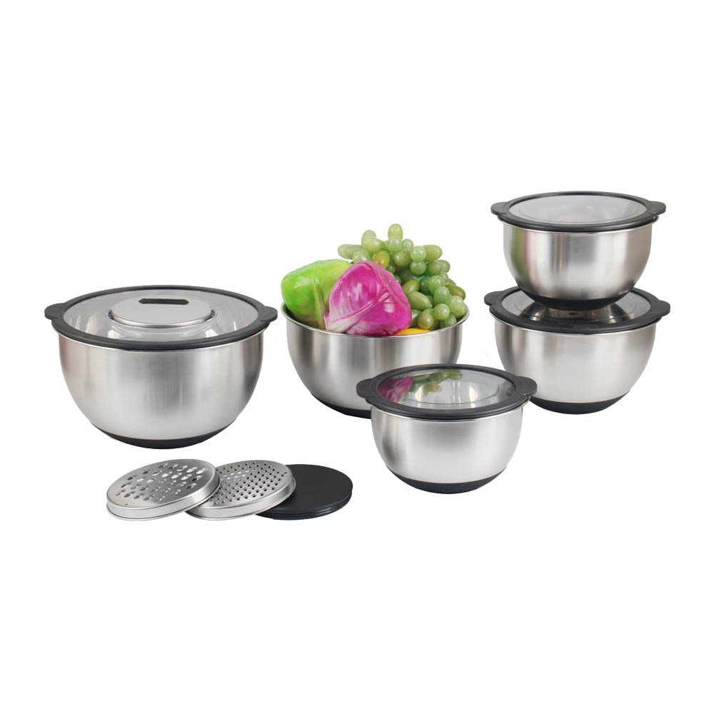 5size S/S Mixing Bowls With Transparent Lids Set & Grater