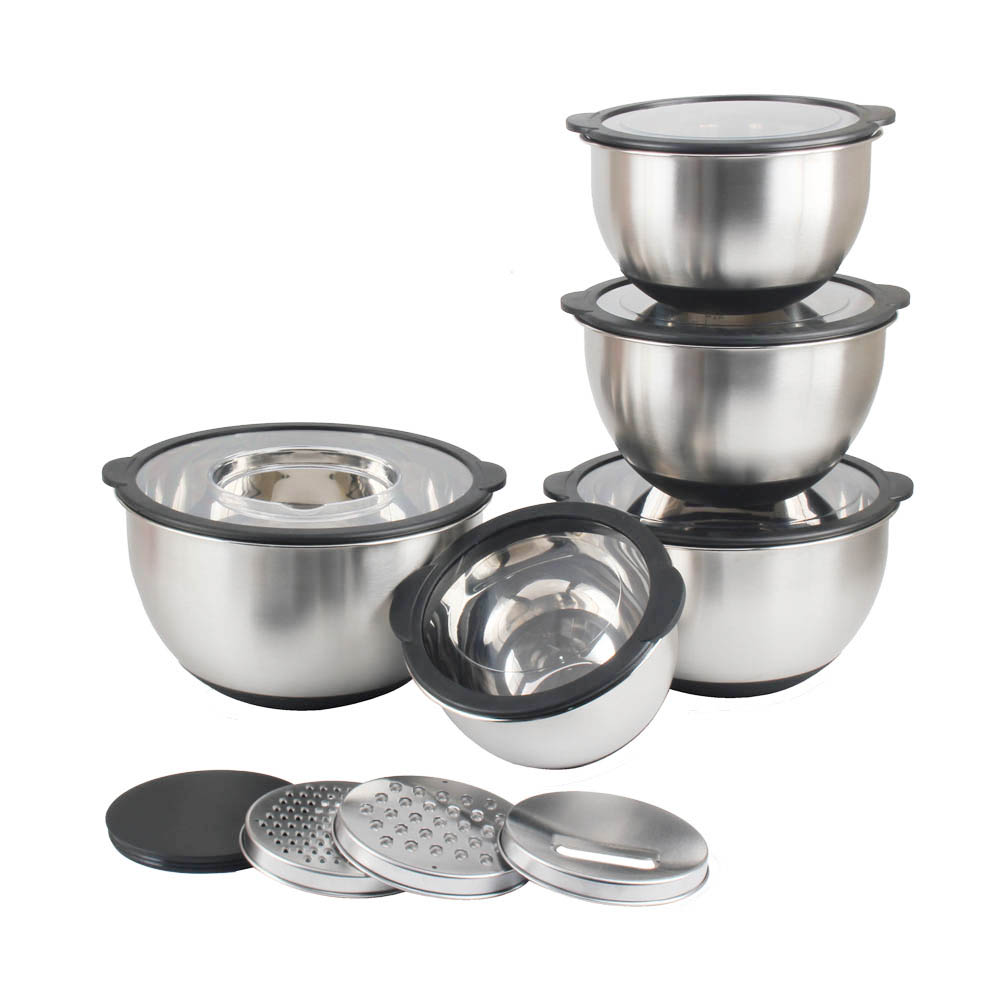 5size S/S Mixing Bowls With Transparent Lids Set & Grater