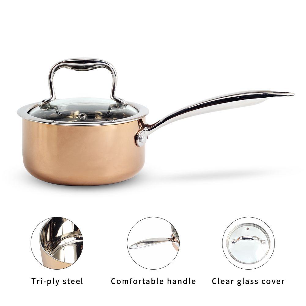 Copper Tri-Ply Stainless Steel Sauce Pan With Glass Lid