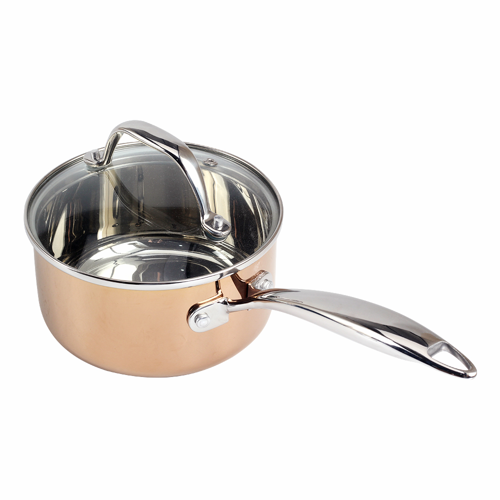 Copper Tri-Ply Stainless Steel Sauce Pan With Glass Lid