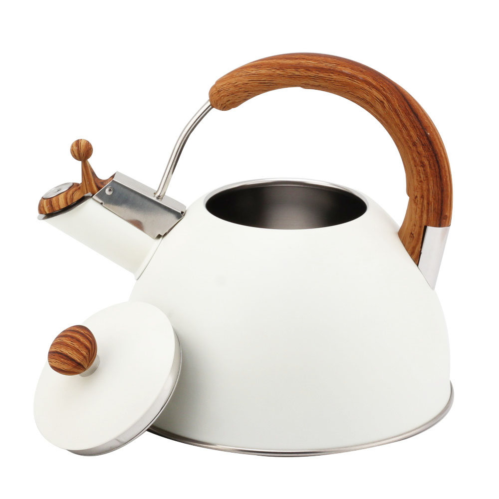 Modern S/S Whistling Kettle for Kitchen White With Wooden Handle