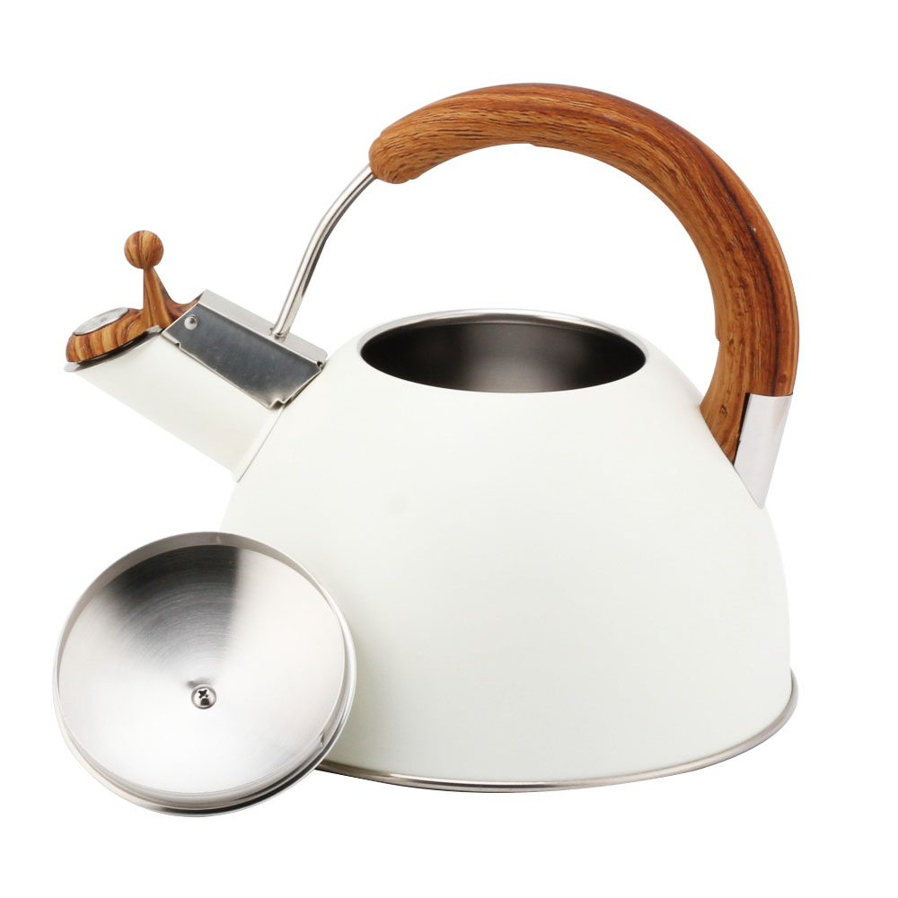 Modern S/S Whistling Kettle for Kitchen White With Wooden Handle