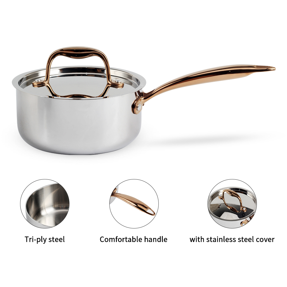 Whole-Clad Tri-Ply Stainless Steel Sauce Pan With Gold Handle