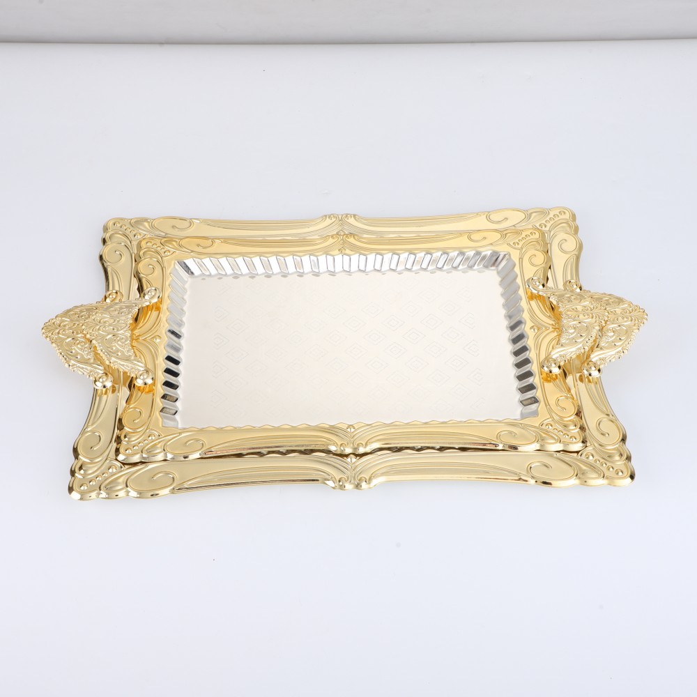 Rectangular Plated Serving Tray, Iron Gold Floral Engraved Decorative Birthday