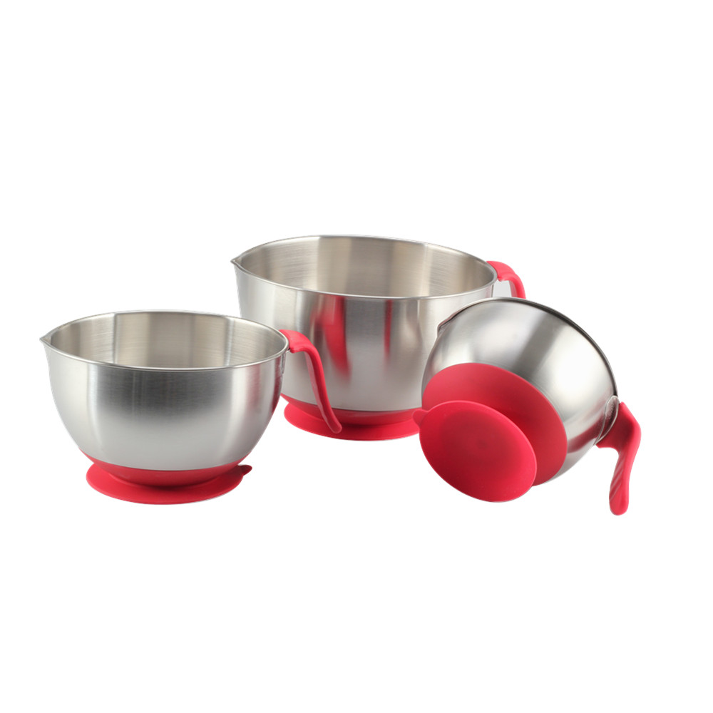 Stainless Steel Mixing Bowl With Suction Cup Silicone Bottom & Long Handle