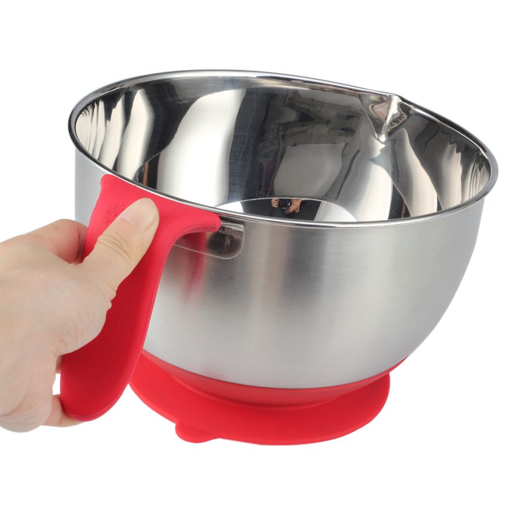 Stainless Steel Mixing Bowl With Suction Cup Silicone Bottom & Long Handle