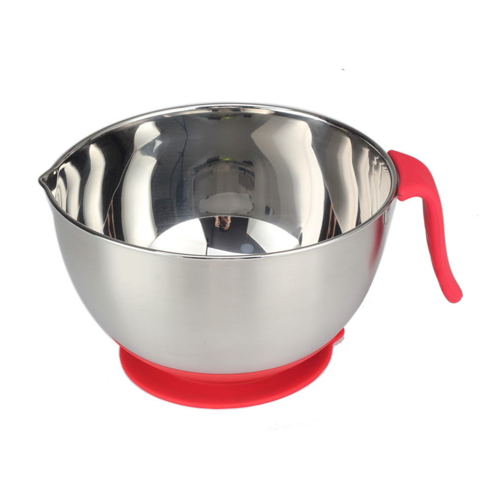 Stainless Steel Mixing Bowl With Suction Cup Silicone Bottom & Long Handle