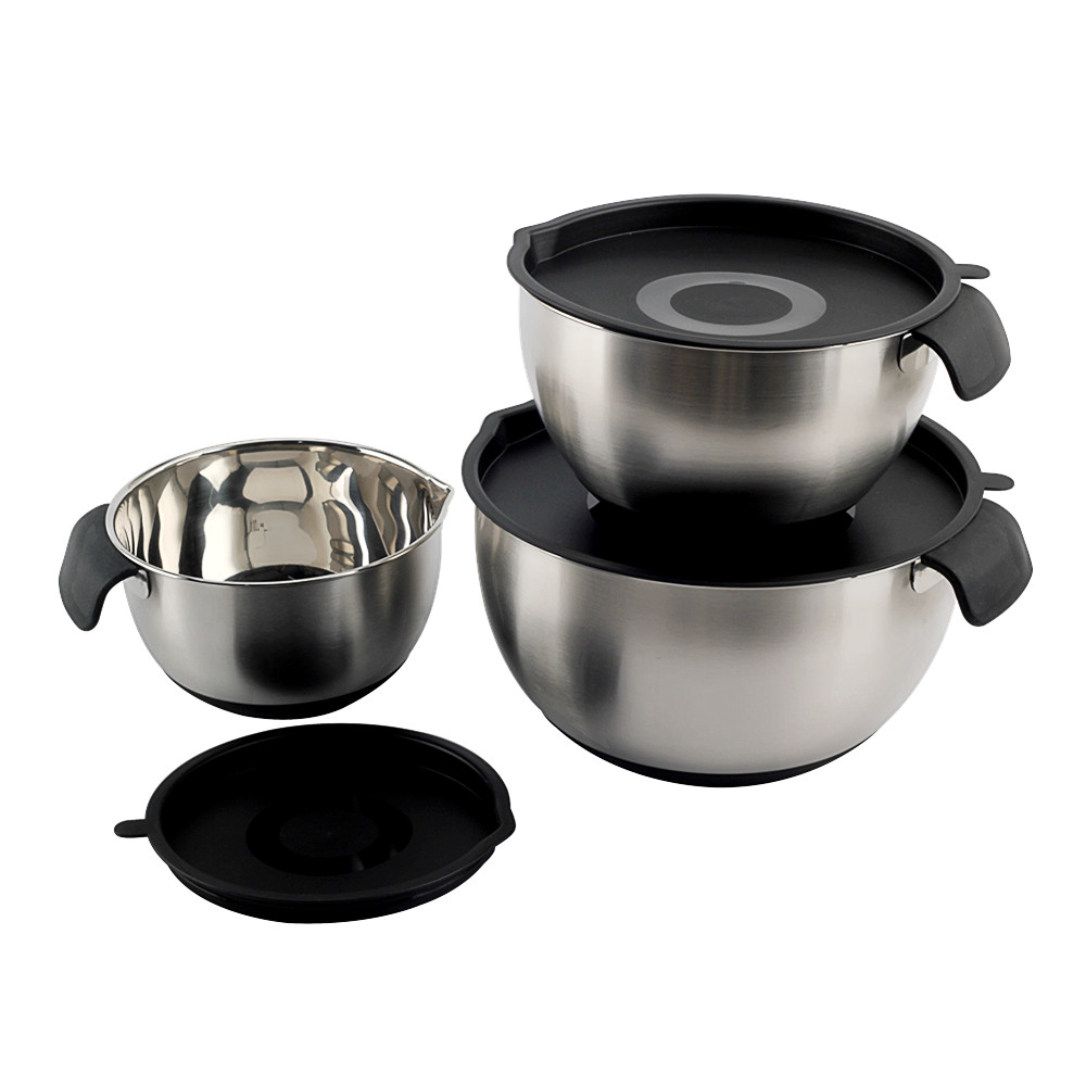 Stainless Steel Mixing Bowls With PE Lids, Non Slip Silicone Base Bowls With Handle