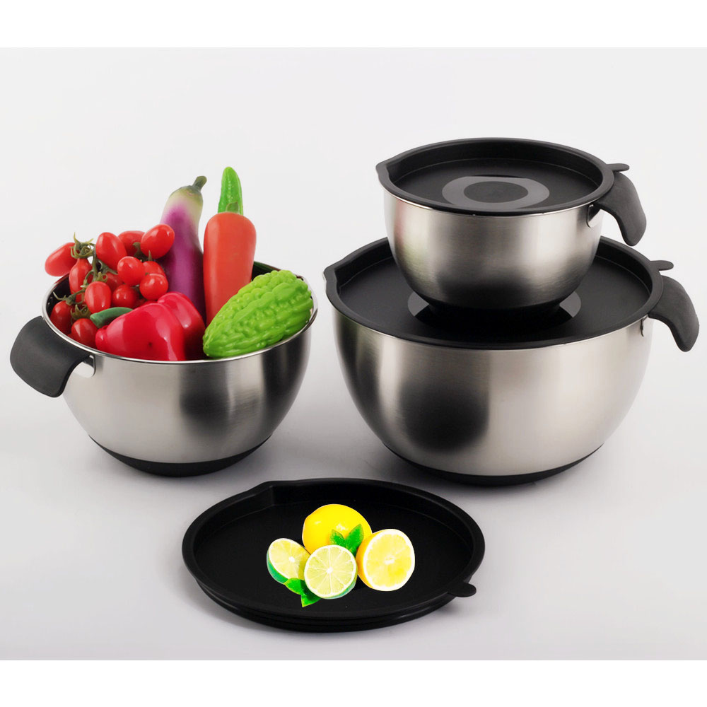 Stainless Steel Mixing Bowls With PE Lids, Non Slip Silicone Base Bowls With Handle