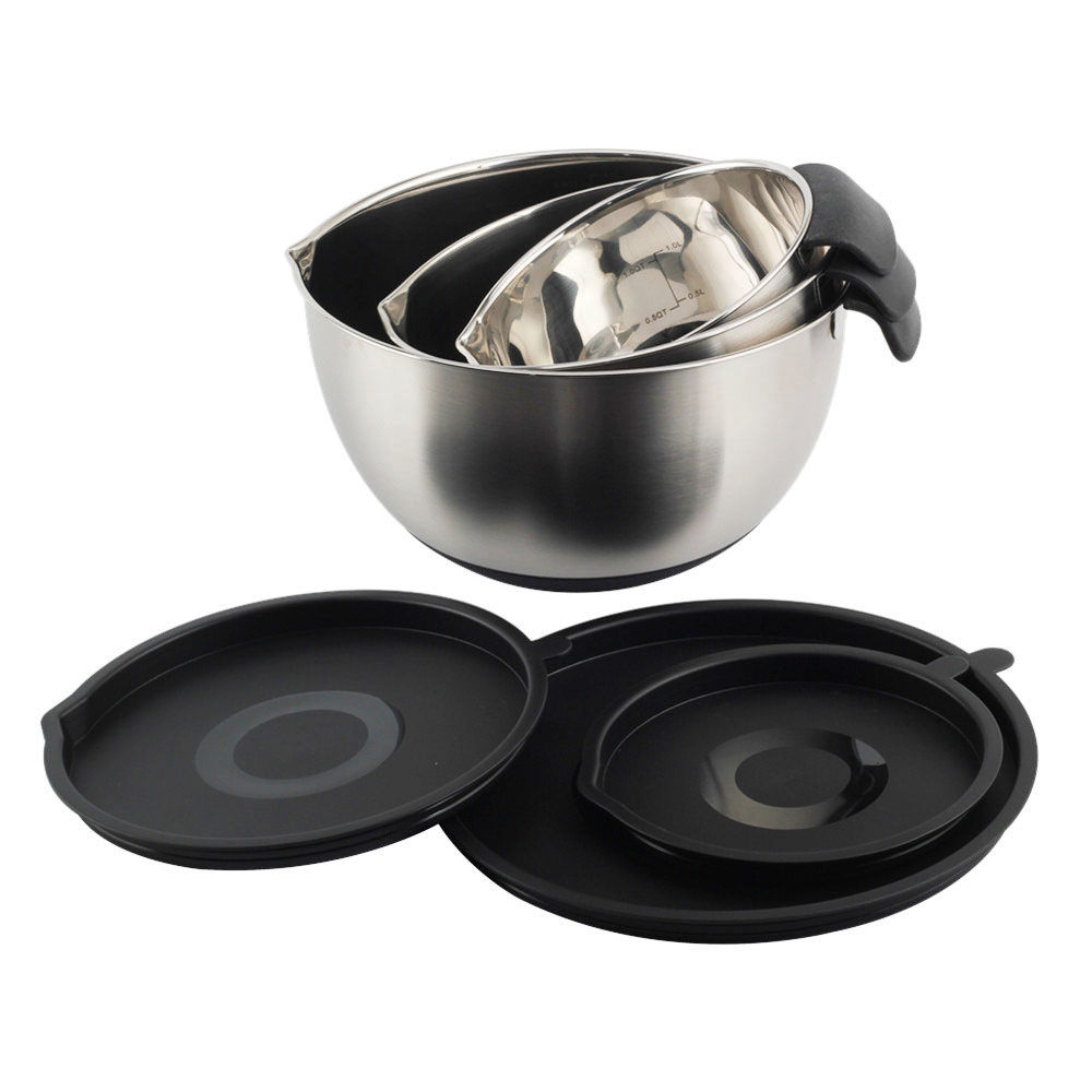 Stainless Steel Mixing Bowls With PE Lids, Non Slip Silicone Base Bowls With Handle