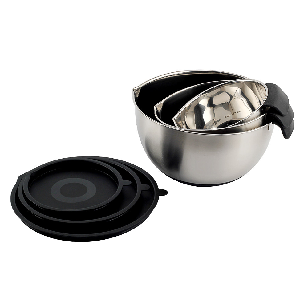 Stainless Steel Mixing Bowls With PE Lids, Non Slip Silicone Base Bowls With Handle