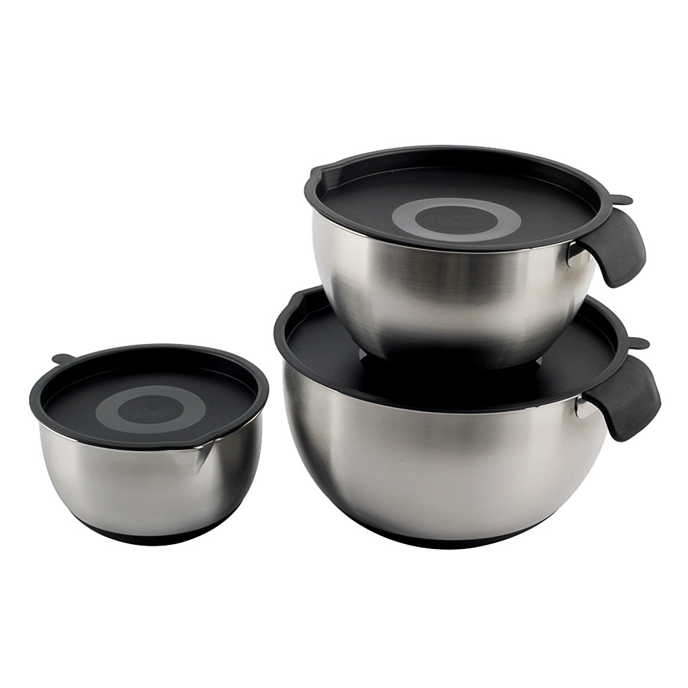 Stainless Steel Mixing Bowls With PE Lids, Non Slip Silicone Base Bowls With Handle