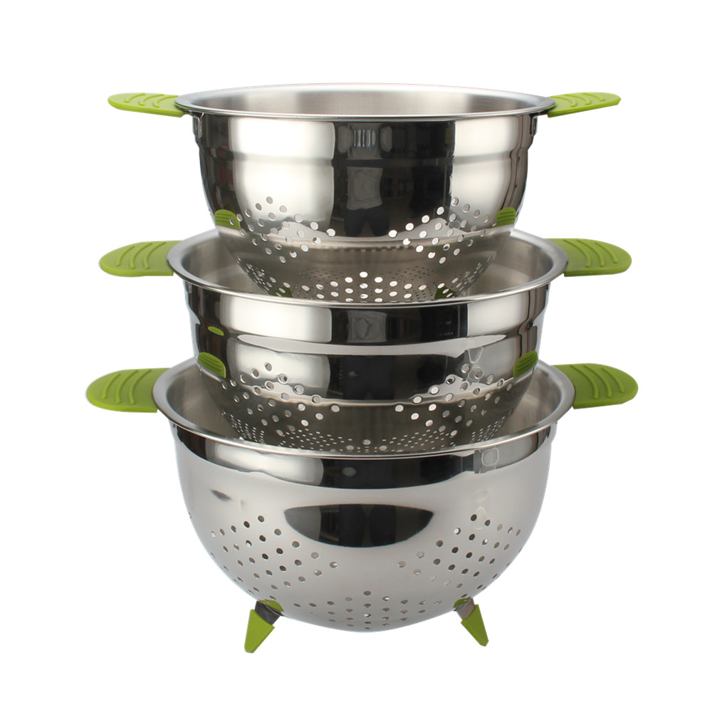 Stainless Steel Colander Metal Strainer Bowl Colander With Feet And Silicone Handle