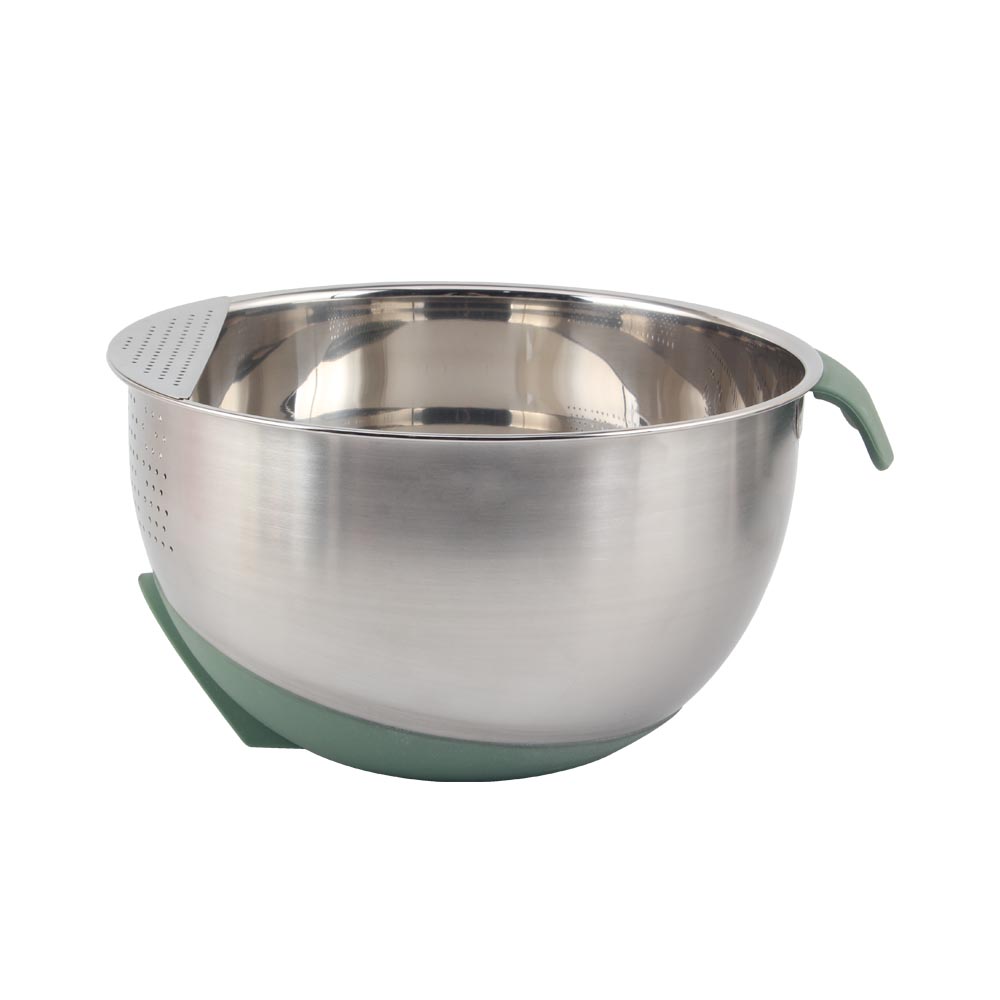 Stainless Steel Rice Washing Bowl With Silicone Base And Handle