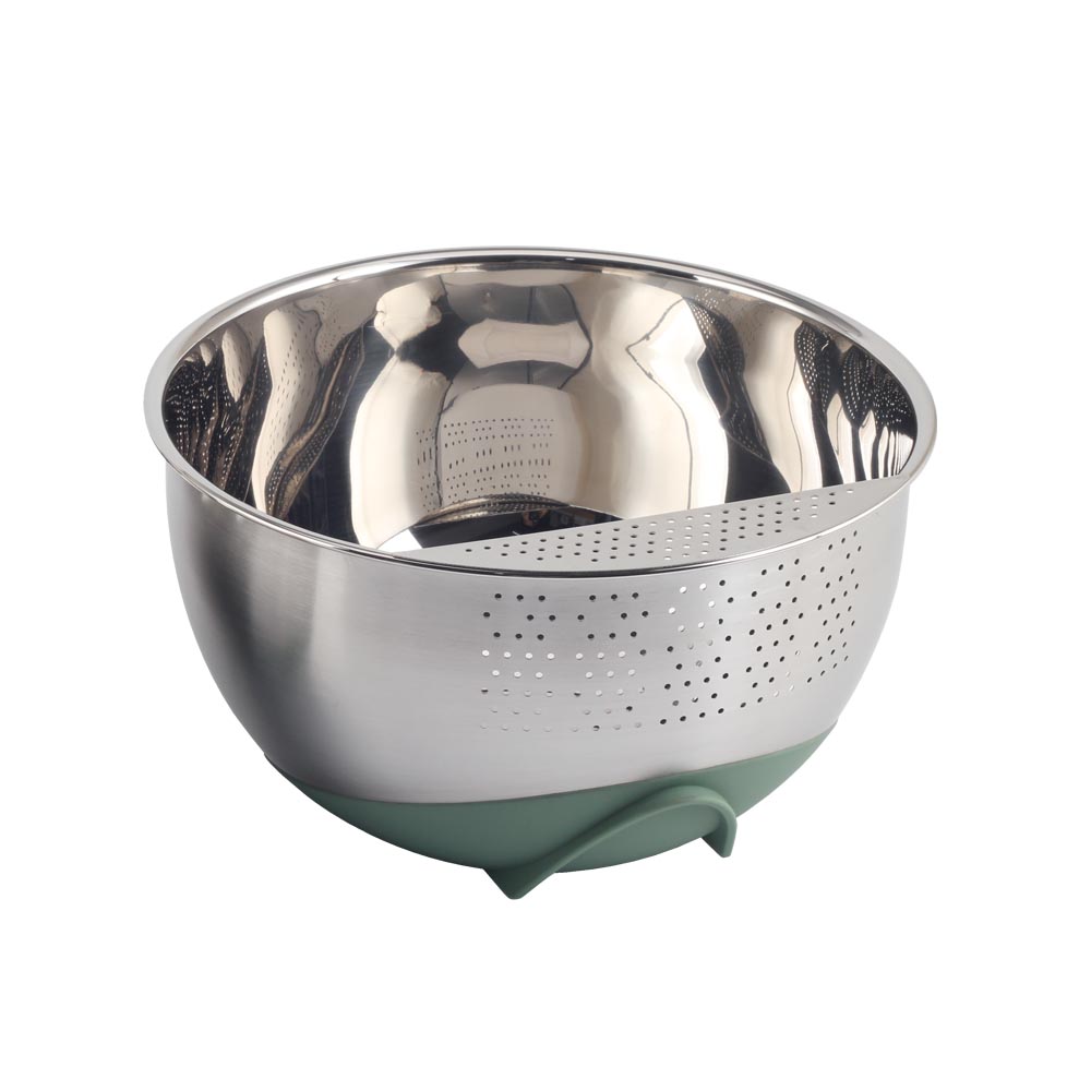 Stainless Steel Rice Washing Bowl With Silicone Base And Handle