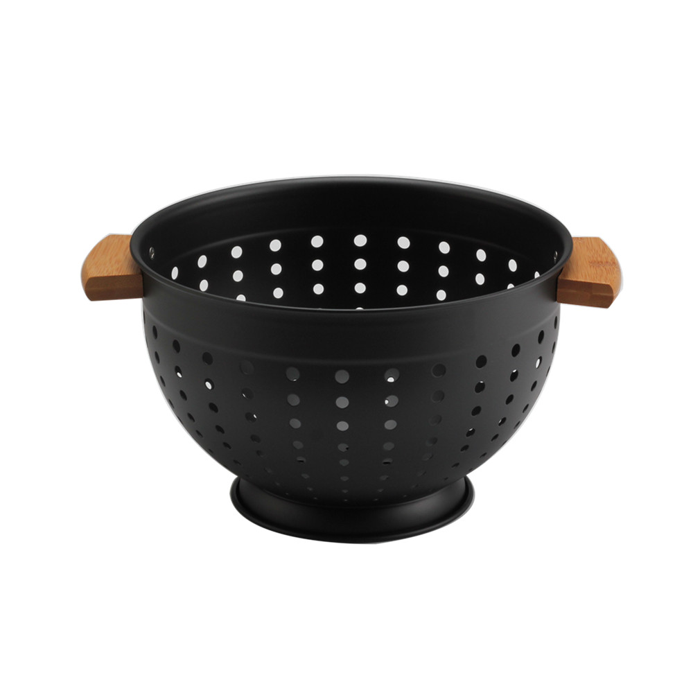 Metal Colander With Wood Handle, Black Deep Metal Strainers Colander