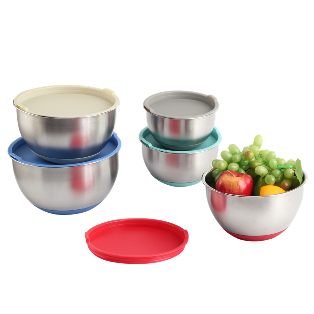 Mixing Bowl Set Of 5, Stainless Steel Salad Nesting Bowl With Pe Lids