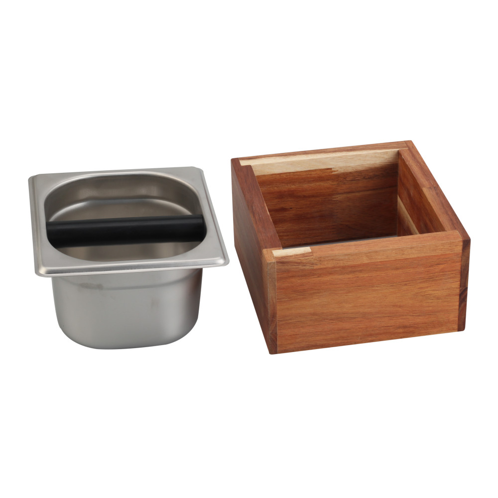 Stainless Steel And Wood Bin for Espresso Machine Coffee Grounds