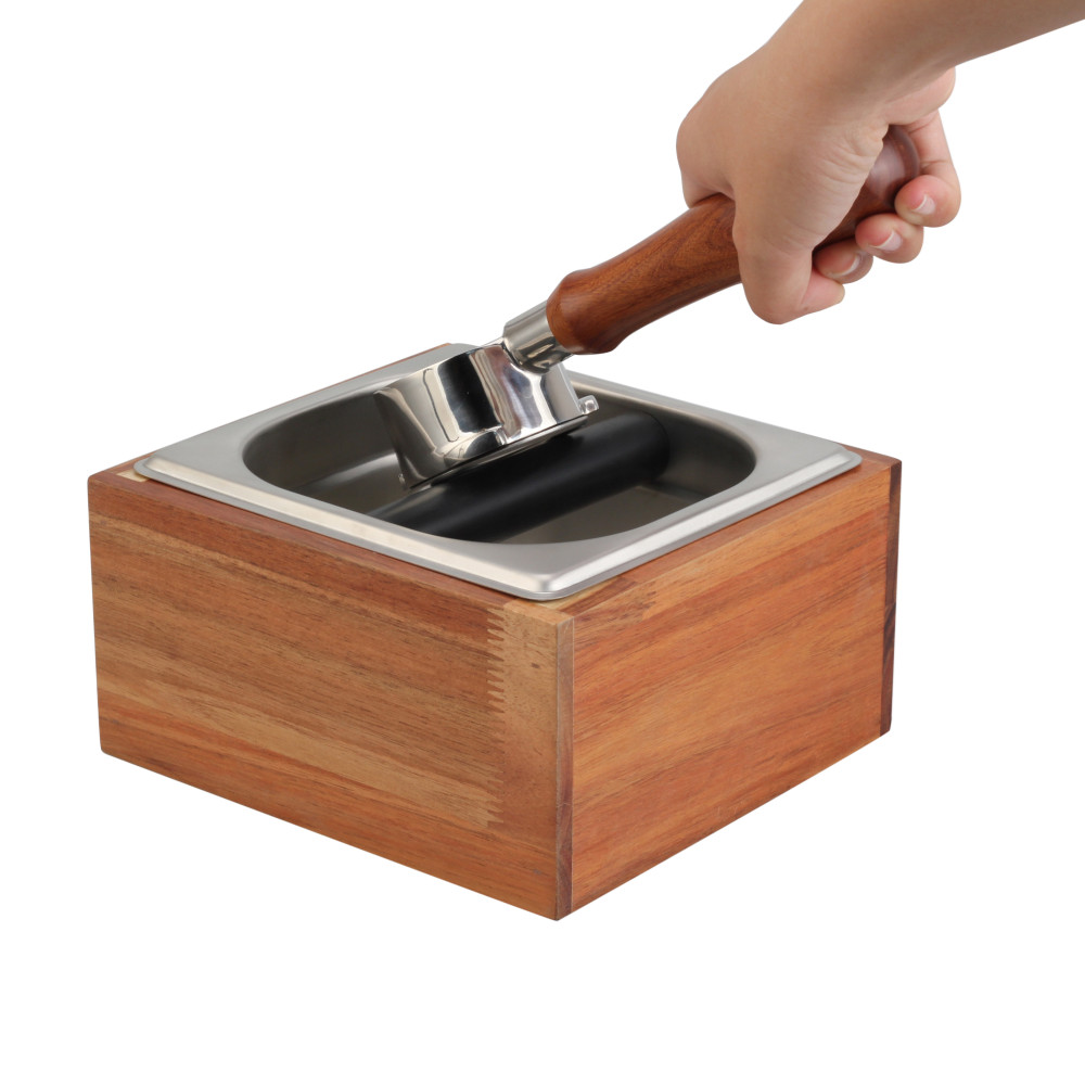 Stainless Steel And Wood Bin for Espresso Machine Coffee Grounds